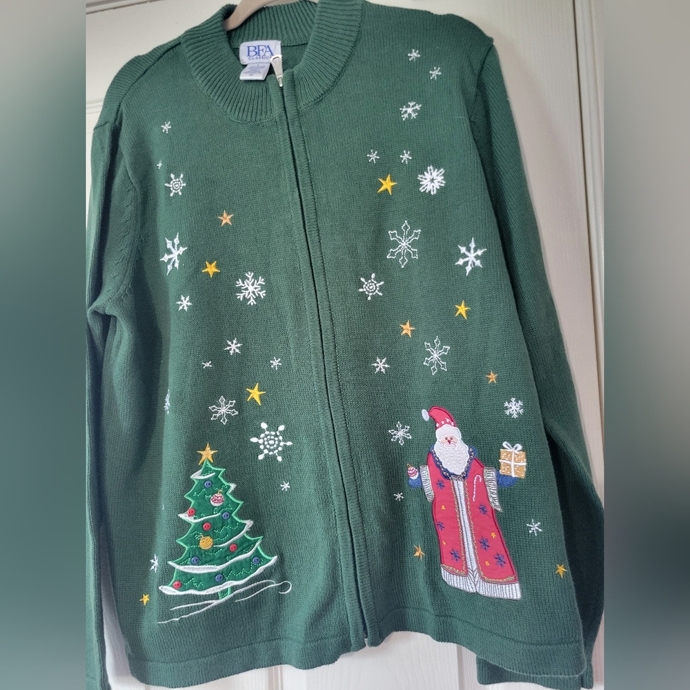 BFA CLASSICS Womens Front Zip Christmas Sweater Old World Santa Christmas Tree